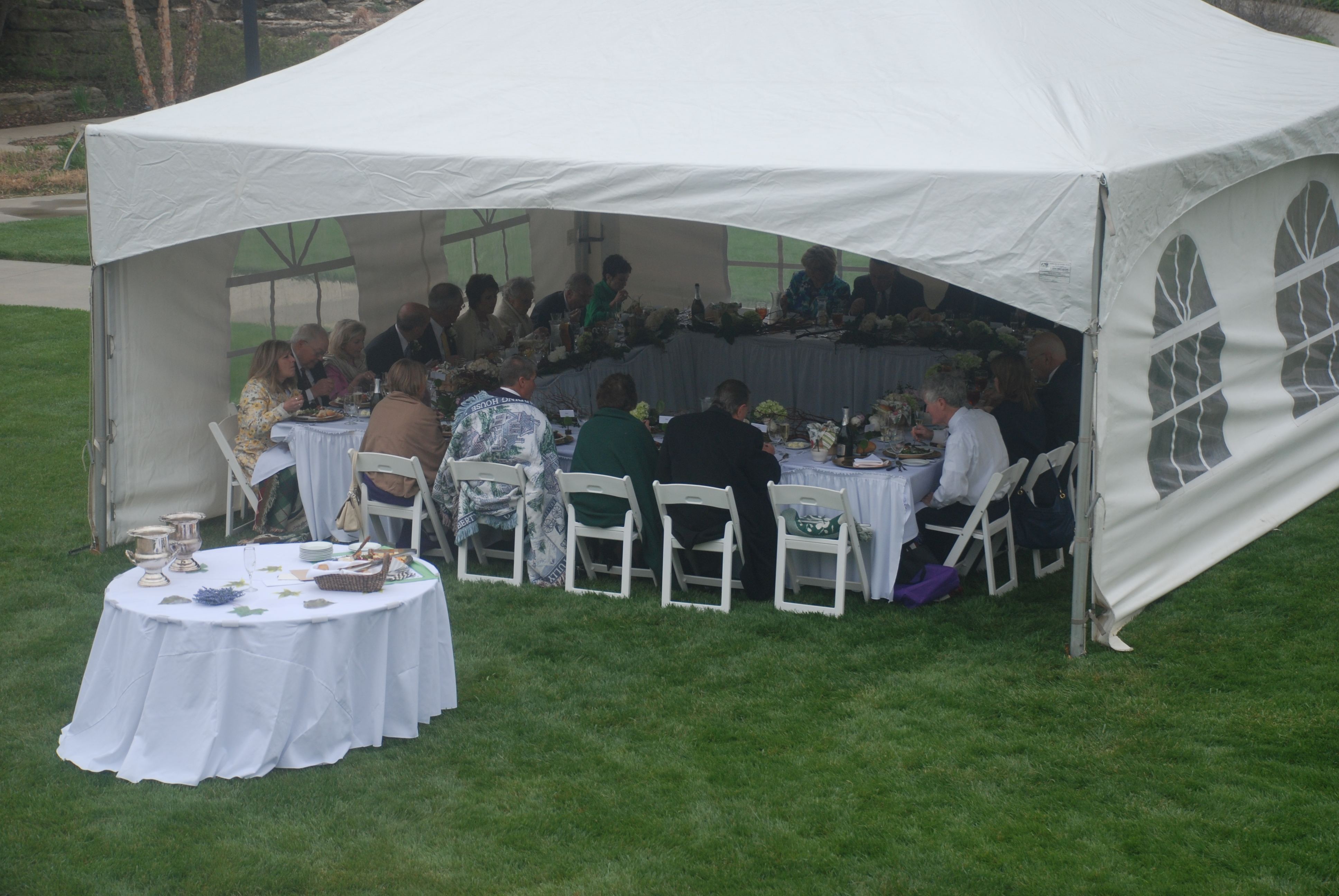 White tent set up for wedding reception 