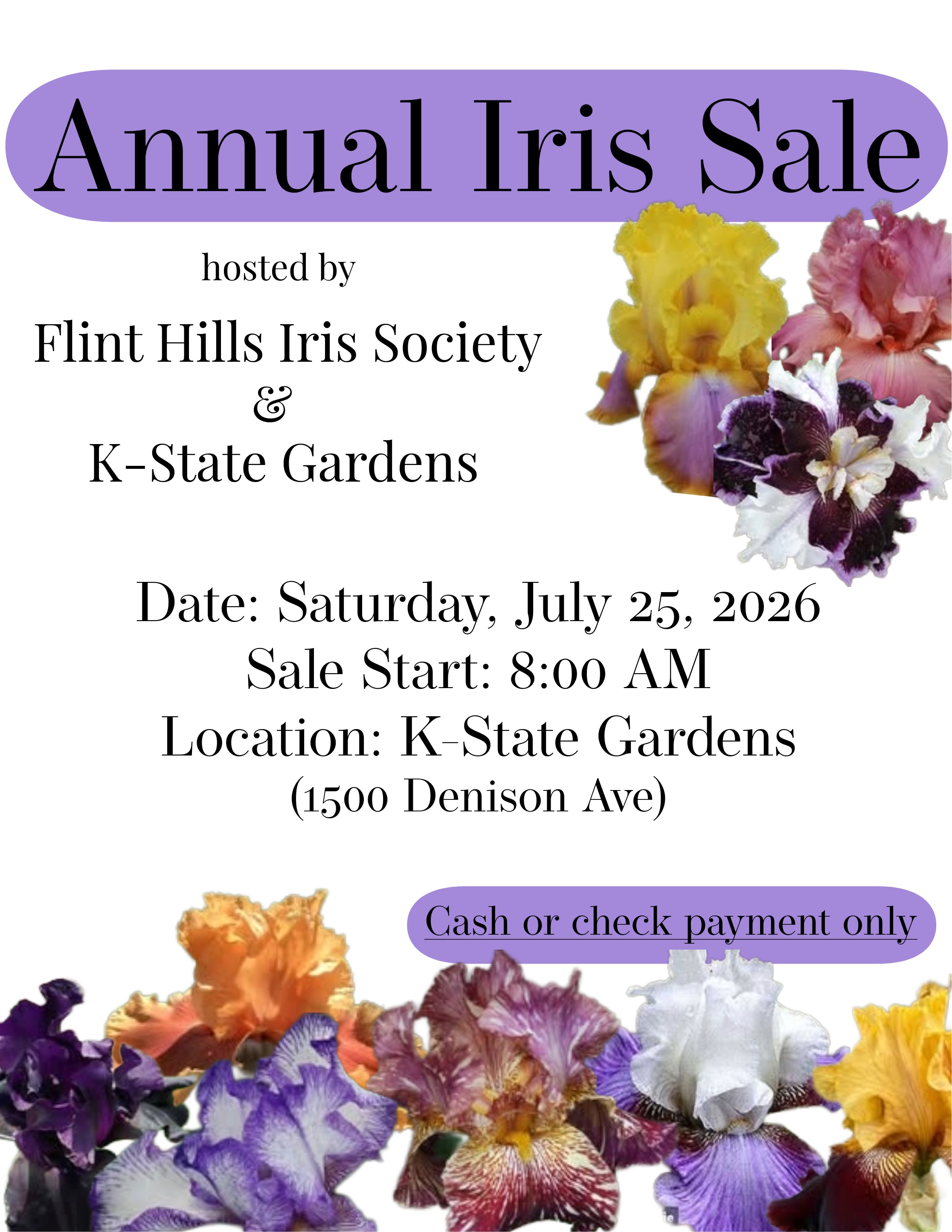 annual iris sale flyer with purple, yellow, pink, and white irises 