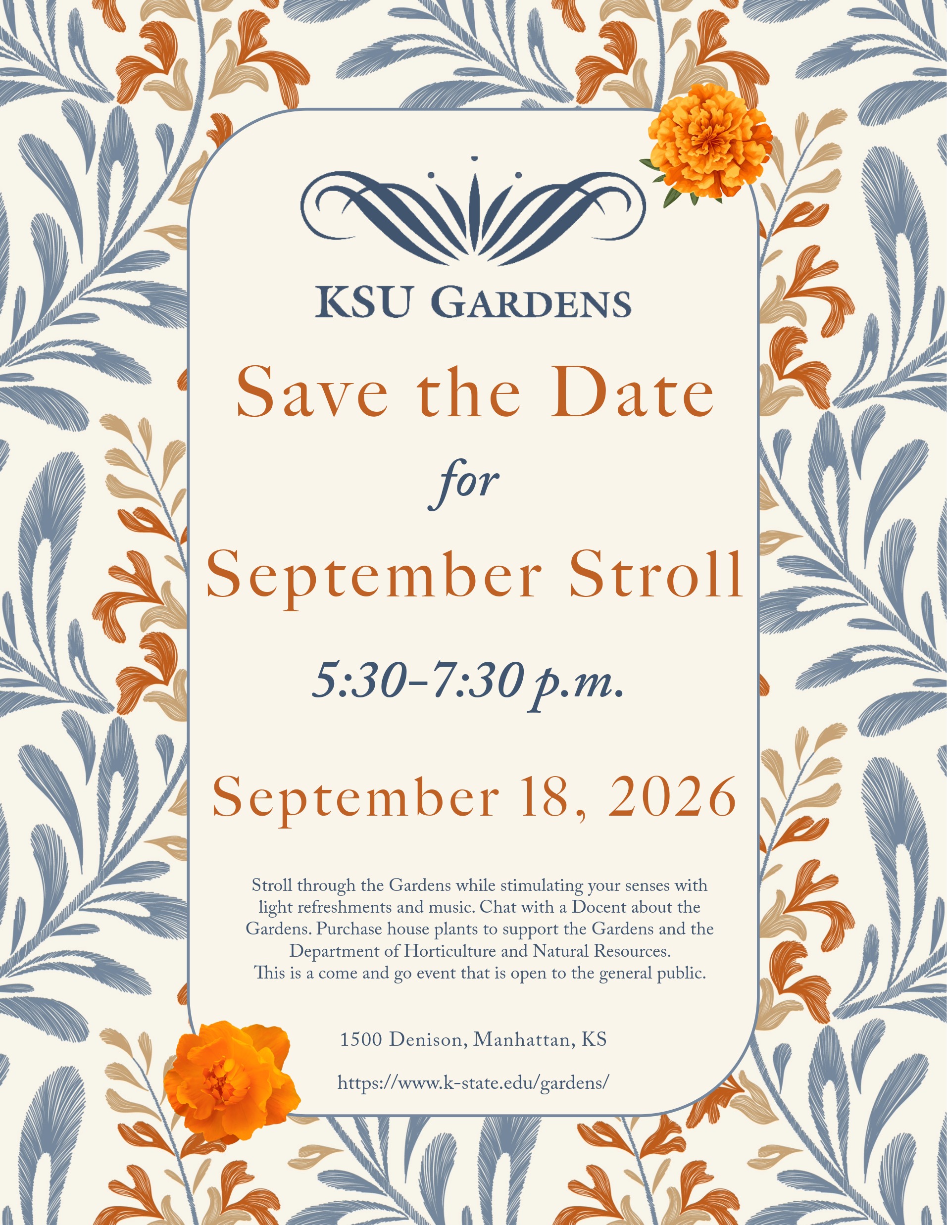 blue and orange floral leaf design with orange marigolds on the top right and bottom left corner which surround the september stroll information