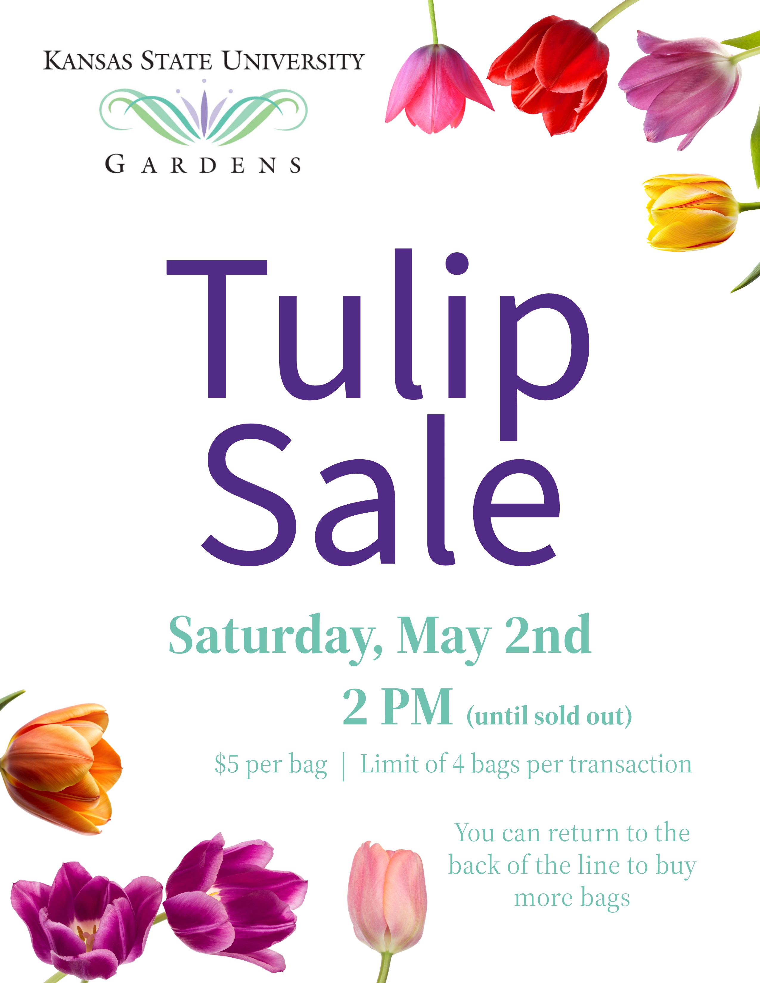 multiple colors of tulips along the borders of a tulip sale flyer with the gardens logo in the top left corner