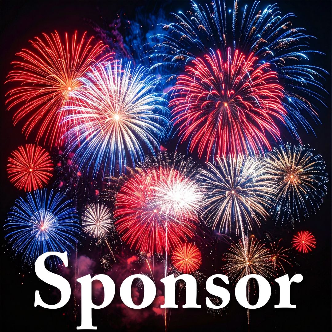 black background with red white and blue fireworks with the word sponsor in the foreground