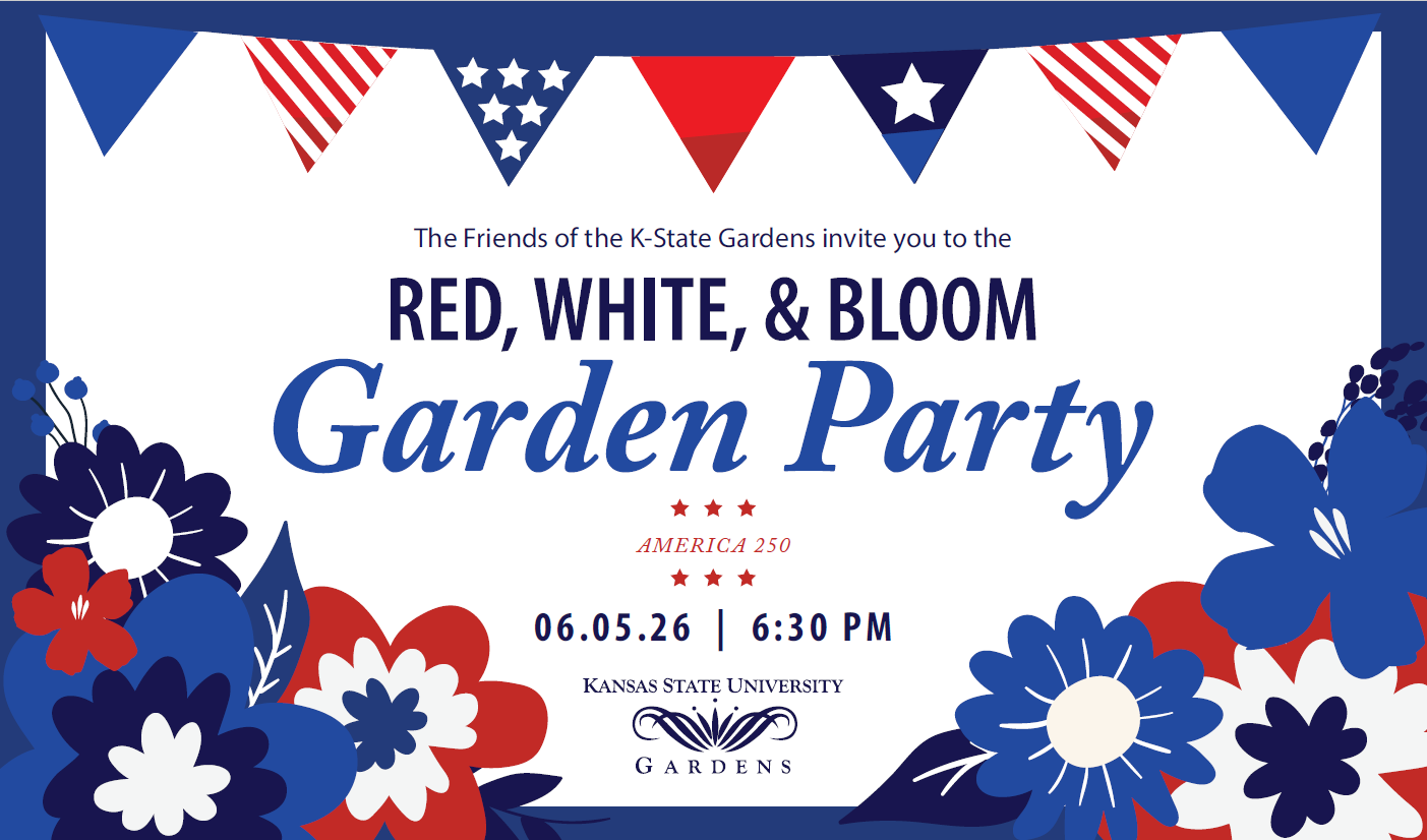 red white and blue flowers and pennants adorn the 2026 garden party announcement