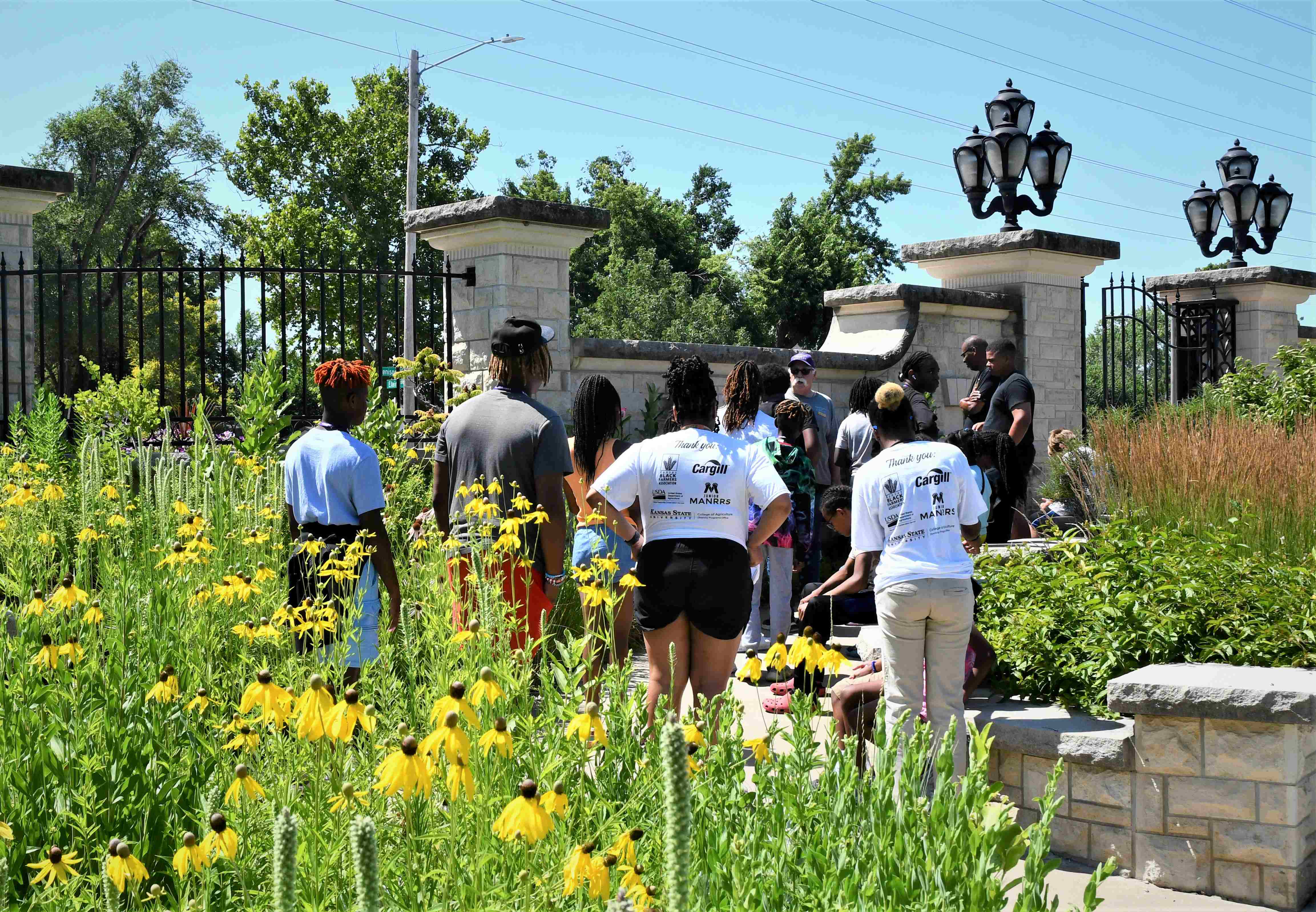 Yellow flowers in the foreground with a group of people in the background receiving a tour in the gardens