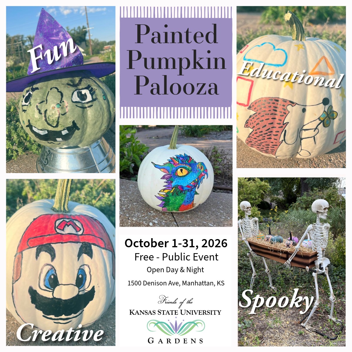 pumpkins painted as a green witch with purple hat, mario with a red hat, hedgehog with geometric shapes, and two skeleton decorations carrying a coffin full of pumpkins