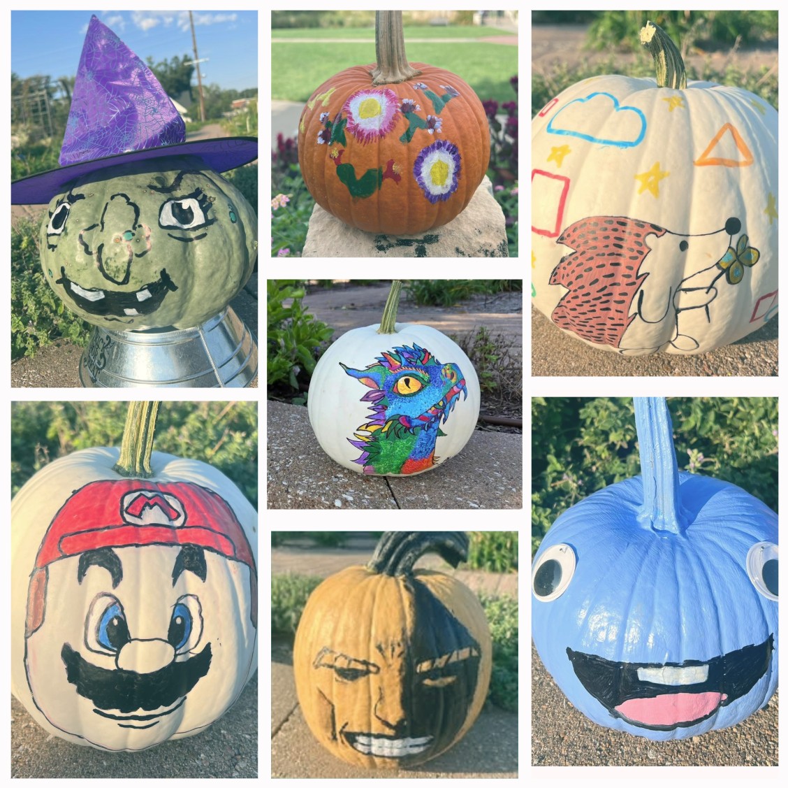collage of painted pumpkins including a green witch mario blue smiling face multi color dragon flowers and a hedgehog