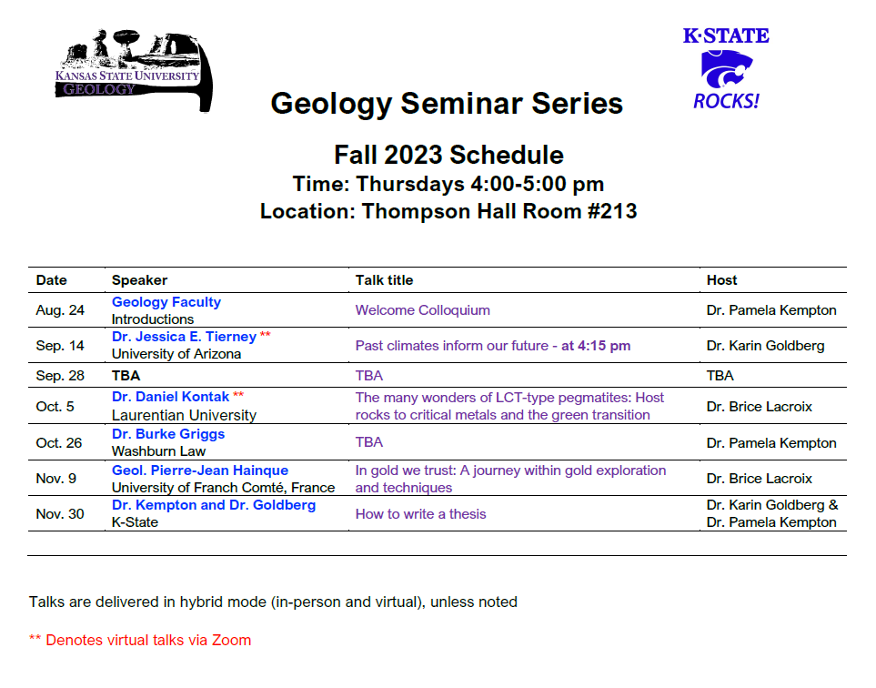 Fall 2023 Geology Seminar Series Schedule
