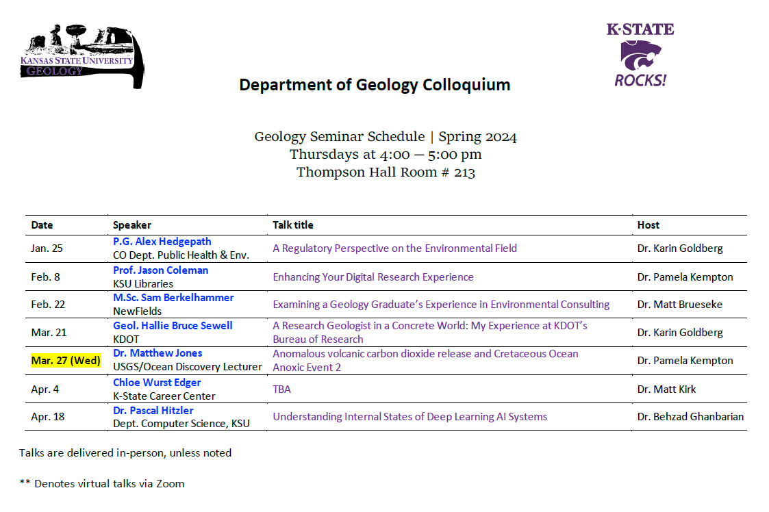 Spring 2024 Geology Seminar Series Schedule