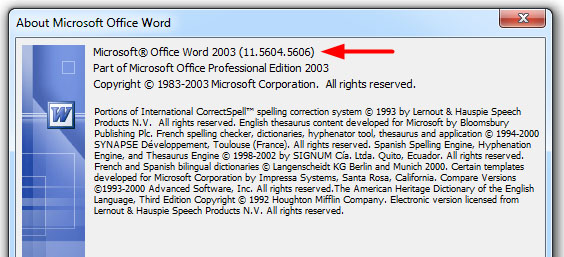 Image showing where it says Microsoft 2003 under About Microsoft Office Word
