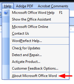 Image showing where the About Microsoft Office Word link is located on the Help menu in Word 2003