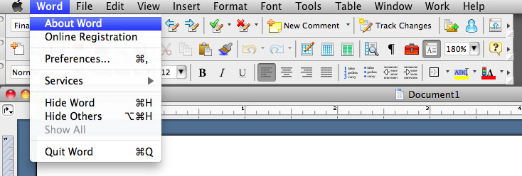 Image showing where on the Word menu to find the About Word link