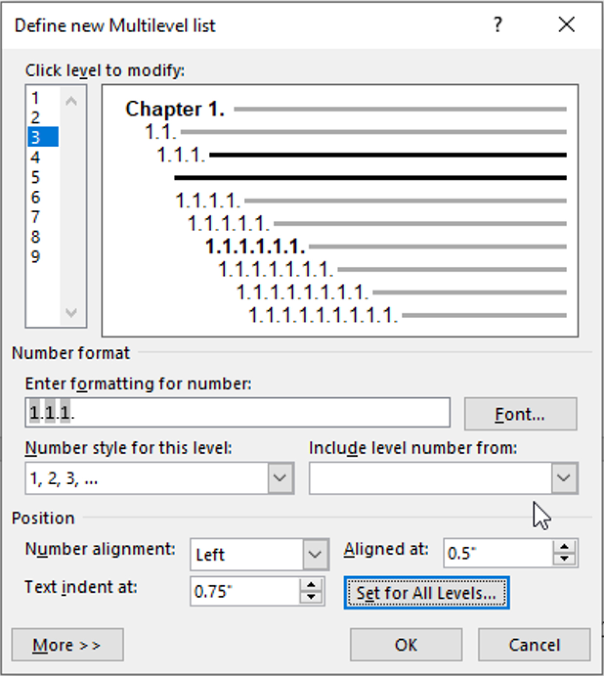 Image showing where to set formatting for each level