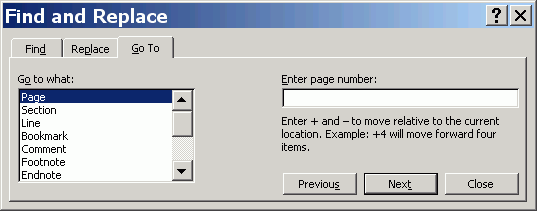 Image showing Find and Replace dialog box with the Go To tab selected