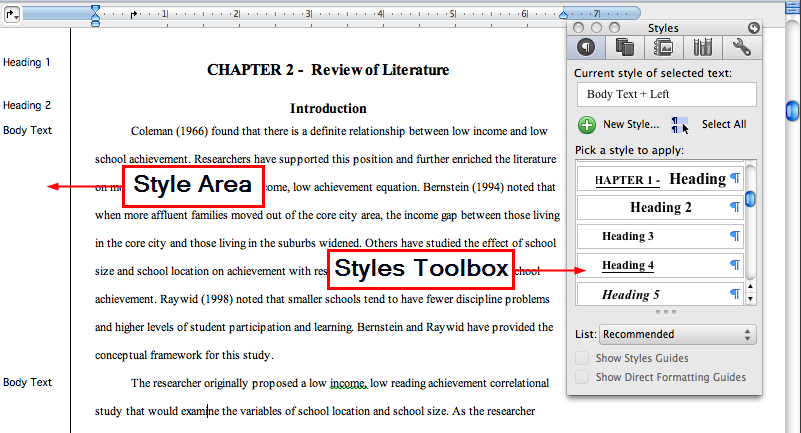 Image showing the Style Area and Styles Toolbox