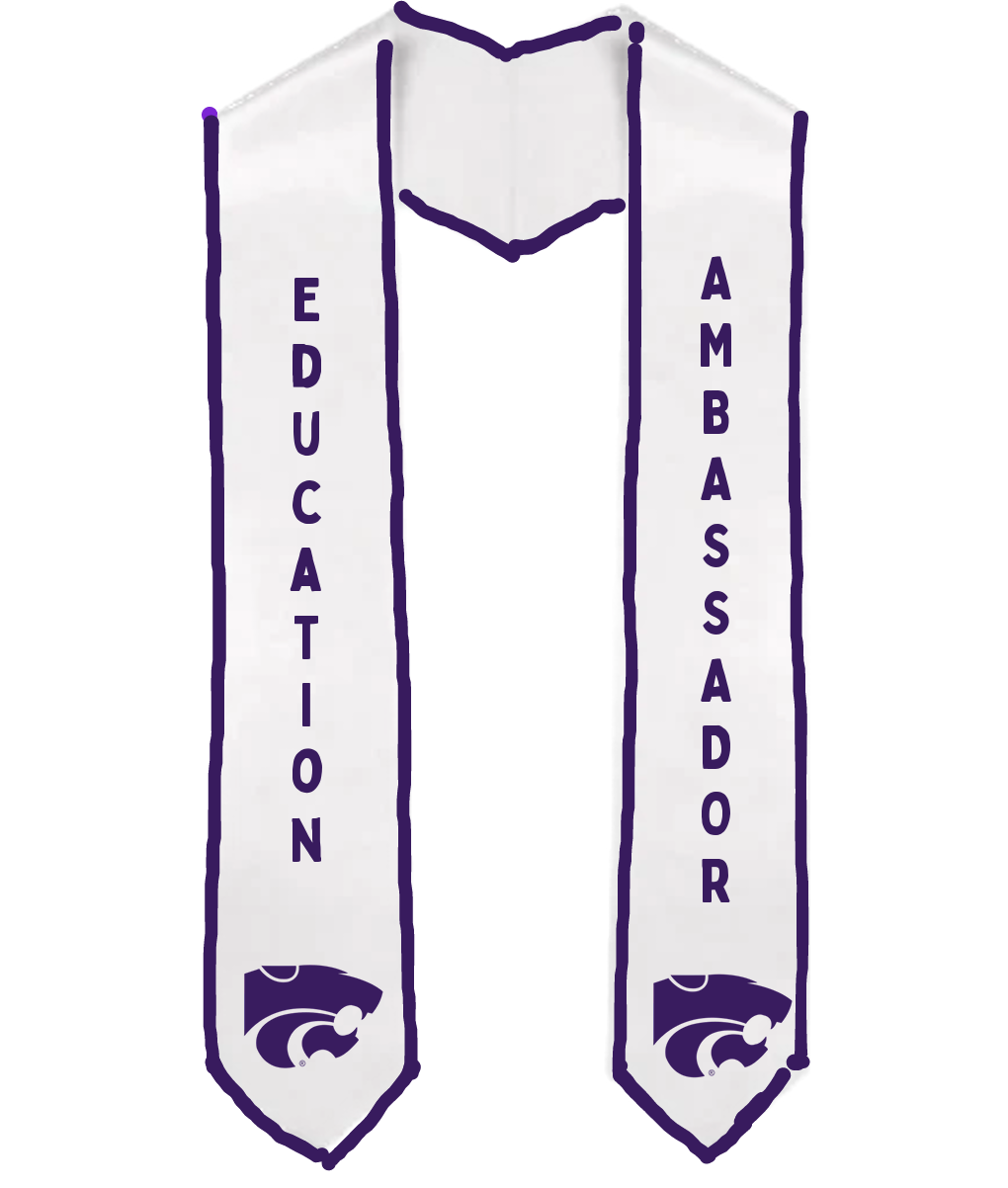 white stole with Education on the right and Ambassadors written on the left in purple and Poower Cats at the bottom of each side