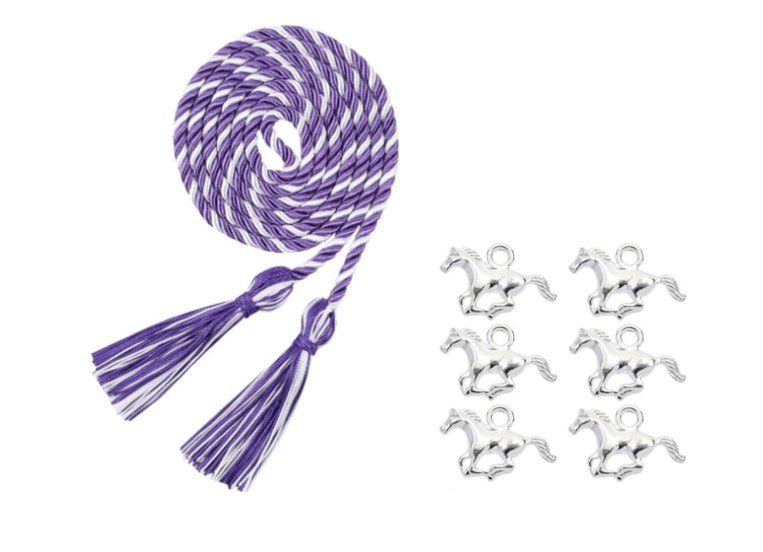 purple and white cord with horse pendants