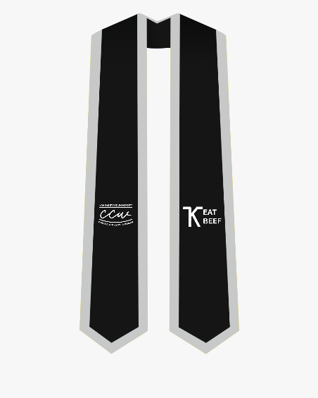 black and grey stole with CCW on the right and K eat beef on the left