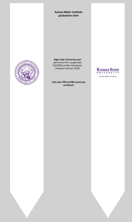White stole with purple K-State seal on the right and Kansas Water Institute on the left written in purple.