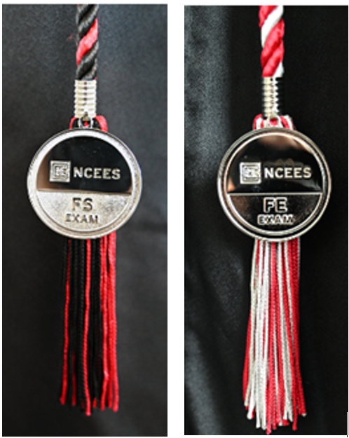 Quarter size tassel madallions with NCEES FS Exam or NCEES FE Exam written on them.