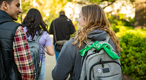A group of students walk on the K-State campus