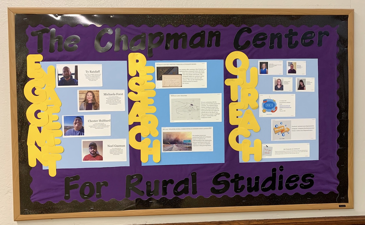 The bulletin board located outside the Chapman Center's main office advertises our annual Interdisciplinary Research Grant.