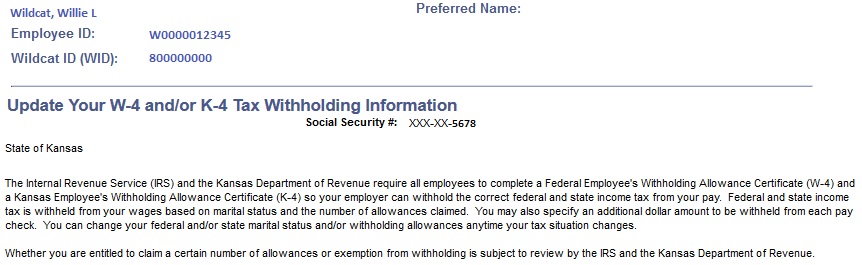 Tax Update Section of View/Update W-4 K-4 Tax Information