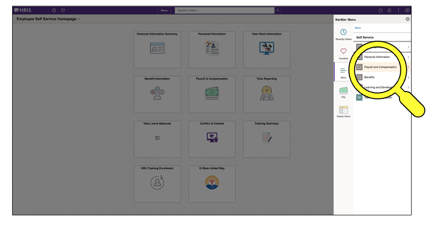 Magnifying glass hovering over "Payroll and Compensation" menu item in NavBar.