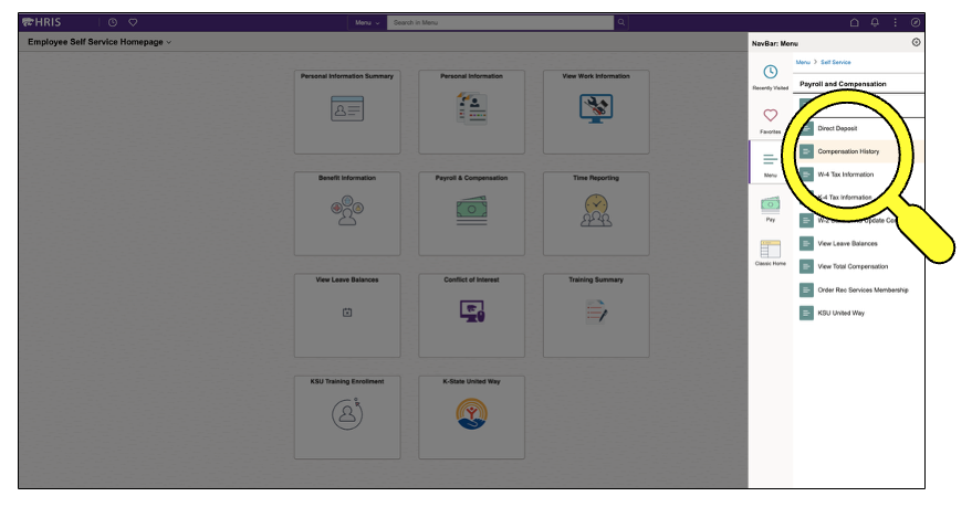 Magnifying glass hovering over Compensation History link in the NavBar