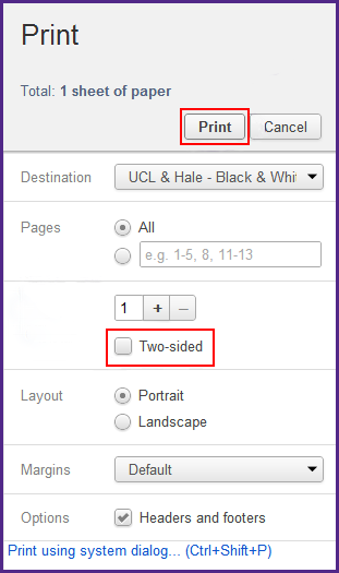 Image showing Two-sided option and print button locations.