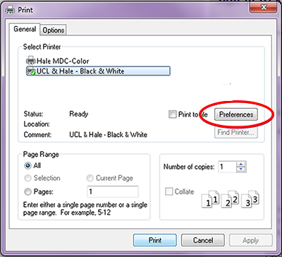 Image showing the location of the Preferences button in the Print window. 