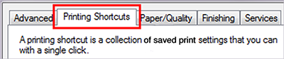 Image showing the location of the Printing Shortcuts tab.