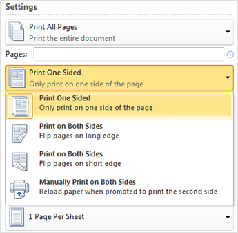 Under Settings, select Print One Sided or Print on Both Sides. 