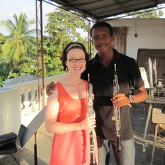 Nora Lewis with Jean Clinton at L'Ecole de Musique Dessaix-Baptiste in Jacmel, Haiti,  January 2011