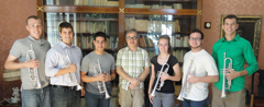 The K-State Trumpet Ensemble at Haus Marteau in Lichtenberg, Germany with Principal Bolshoi Trumpeter Andrei Ikov  From left: Adam Ladd, Caleb Kuhlman, Omar Tanus, Andrei Ikov, Elizabeth Roggenkamp, Aaron Fisher, James Johnson