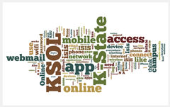 Text-based (Wordle) image illustrating apps that students would like to be more mobile-friendly: KSOL (K-State Online, webmail, iSIS, etc. 