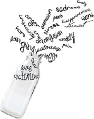 Milk bottle with words coming out of it