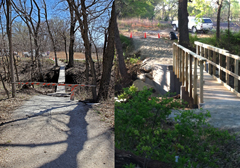 The old bridge is on the left and the new bridge is on the right.