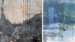 image on left: Rope Bridge Crossing | 2014. Encaustic, charcoal and gouache on wood, 24 in. x 24 in. image on right: Marriage Tree | 2014. Screenprint and woodcut relief print on Arches 88, 12 in. x 15 in.