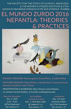 El Mundo Zurdo poster with plenary speakers Isabel Millan, Emma Perez and Maria Lugones
