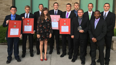 Members of the Kansas State Polytechnic Flight Team who competed at the National Intercollegiate Flying Association SAFECON National Championship pose with their individual awards.