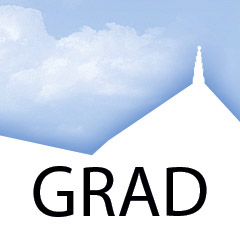 grad logo featuring Hale Library's roofline