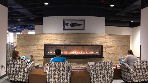 The fireplace glows at the K-State Student Union 