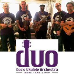 Members of Doc's Ukulele Orchestra, from left to right, Robert Rosenburg, Brian Niehoff, Wayne Goins, Rick Smith, and Kevin Peirce.