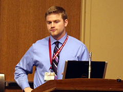 Mitchell Easley, senior in electrical and computer engineering, presents at the IEEE Texas Power and Energy Conference.