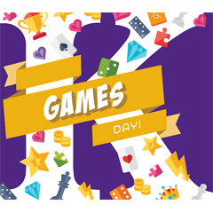 Purple and white games day icon with game pieces