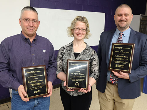 Drs. Dan Thomson, Ryane Englar and Matt Basel receive the 2019 teaching awards in the College of Veterinary Medicine.