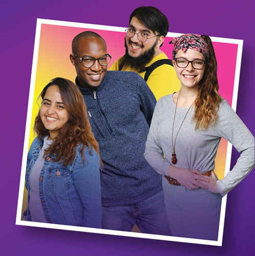 four students in front of a purple background