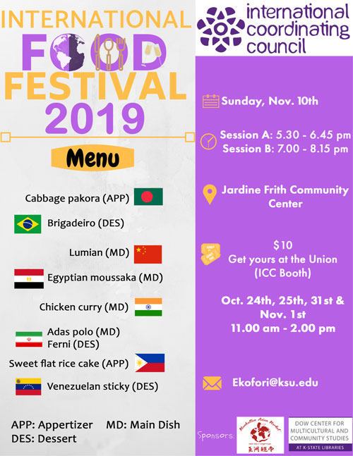 Menu for the International Food Festival