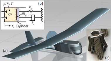 : (a) Raven RQ-11B CAD model, (b) engine schematic, and (c) 3D-printed titanium crankcase. 