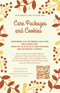 Flyer for ECM Care Package Event; Contains QR code for sign-up