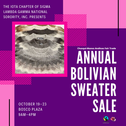 Bolivians from the fair trade cooperative Chasqui-Manos Andinas will be selling hats, gloves, sweaters, and other woven goods. Purchases directly support workers in developing nations by providing fair wages safe working conditions, health benefits, and m